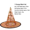 Orange Halloween wizard hat with gold pumpkin prints and detailed size dimensions - Gauze Hat Orange