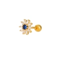 Golden flower stud earring with blue gemstone and white zircon petals and screw back - Flower (K-356)