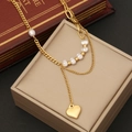 Golden double-layer necklace with pearls and a heart pendant engraved with LOVE - 1# Necklace (N1079)