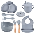 10-piece grey blue baby silicone feeding set with suction plate, bowl and wooden utensils - Full Tableware Set (Grey Blue/Y18)