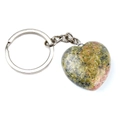 Green and pink spotted natural stone heart keychain with polished metal ring accessory - Unakite
