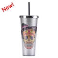Silver glitter double-walled straw cup with a colorful rhinestone sugar skull design - 700ml / Silver Style A