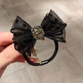 Elegant black mesh polka dot bow hair scrunchie with sparkling rhinestone center - Black Bowknot Rhinestone Hair Tie 1Pc