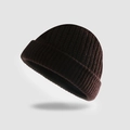Minimalist dark brown ribbed knit beanie hat with a rolled cuff and round top design - One Size / Coffee