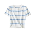 Slim fit women's short sleeve knit top with light blue and white horizontal stripes - Blue and White Thick Stripes
