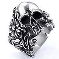 Close-up of vintage punk skull ring with intricate floral carvings on stainless steel - US Size 8 / Punk Retro Style (03501)