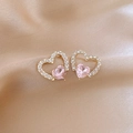 Close-up of heart-shaped gold earrings with pink gemstones and pavé zircon details - 69# Pink Heart Studs