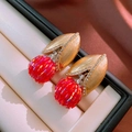 Detail of elegant gold earrings with red beaded berry design and sparkling crystals - Red Beaded Berry Style (11# Silver Pin - Gold Red)