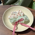 Sweet cherry print hair scrunchie with red plaid bow and green tulle ruffles in ceramic tray - Red Plaid Bowknot Ribbon Cherry Contrast Scrunchie