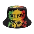 Stylish Rasta bucket hat with 'One Love' palm tree print in green yellow red gradient - M (56-58cm) / Black Reggae One Love Print (5#)