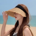 Khaki straw sun hat with black trim for women, beach vacation accessory style - Frayed Edge Empty Top Straw Hat Black