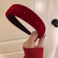 French vintage red velvet headband with silver studs and non-slip lining - Flat Style (3# Headband-Red-Flat)