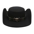 Black wool felt western cowboy hat with ethnic woven band and silver bull skull accent - One Size / Black