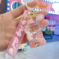 Pink tiger liquid keychain with glitter stars and silicone wristlet strap for bags - Water Bucket with Leather Rope