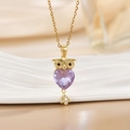 Golden owl pendant necklace with purple heart crystal and micro-pave zircons - Gold Owl/Purple Heart CZ Bottom