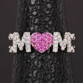 Macro shot of silver MOM ring with pink heart stone and pave set zircons details - Adjustable Open / Platinum Color (Heart MOM Style)