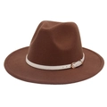 Detail of a brown wide-brim fedora featuring a white leather belt and gold buckle - M (56-58cm) / Coffee (White Belt)