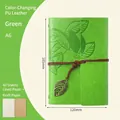 A6 green PU leather refillable traveler notebook with leaf embossing and metal leaf charm - Lined / Green / A6