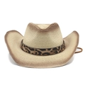 Western straw cowboy hat with gradient brim and leopard print band for outdoor activities - M (56-58cm) / Beige Dark Brown Gradient