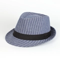 Classic blue and white striped cotton fedora hat with black band on white background - 57cm (Adjustable) / Blue