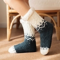 Navy blue and beige knit cabin socks with Nordic snowflake patterns and fleece lining - Chenille Heart Green