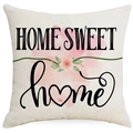 Linen cushion cover with 'HOME SWEET home' text and soft pink floral watercolor pattern - 18x18 Inch / Home Sweet Home Floral Heart (YD526-2)