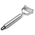 Silver stainless steel dual-blade fruit peeler with a black hanging loop and smiley face - Stainless Steel with Black Loop / Smiley Peeler with Black Ring / Silver