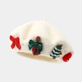 Detail of cream wool beret with red bow, mini Christmas tree and silver star studs - White (Christmas Style 3)
