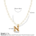 Elegant letter N titanium steel pendant necklace with 4.3mm pearls and adjustable chain - Letter N Gold-Tone Artificial Pearl Necklace (XL185)