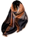Plaid cashmere-feel scarf in dark brown and orange checks with soft fringe trim - 180cm / Black Camel