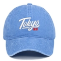Light blue washed denim baseball cap with white Tokyo embroidery and red kanji text - Light Blue