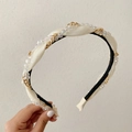 Beige satin headband with braided gold metal chain and transparent crystal beads - Beige