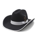 Detail of black felt cowboy hat featuring white silk ribbon trim and natural feather accents - M (56-58cm) / Black with White Binding