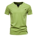 Short sleeve light green henley shirt with breast pocket and button neck for men - Green