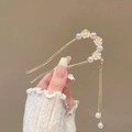 Golden U-shaped hair pin with white camellia flowers, pearls and tassel drop - White Camellia