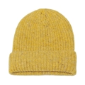 Close-up of yellow ribbed knit beanie featuring sparkling gold sequins and thick wool texture - M / Yellow