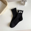 Calze nere stile JK con bordo in pizzo bianco e fiocchi di seta in maglia a costine - Nero con Fiocco Bianco