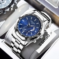 ORUSS men's chronograph watch with deep blue dial and silver stainless steel strap - Silver Band Blue Face