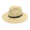 Unisex straw sun hat with brown leather band and fringed brim for outdoor summer protection - M (56-58cm) / Beige