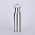 Silver 304 stainless steel sports bottle with bamboo lid and metal handle - 350ml / Silver (Wood Lid)