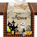 Halloween linen table runner with pumpkins and ghosts on a rustic wooden dining table - Style 4-Diamond Grid Border HAPPY HALLOWEEN