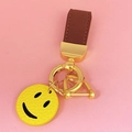 Cute yellow smiley face keychain with brown leather strap and gold metal hardware - Brown Leather [Smile Face]