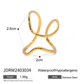 Detailed spec sheet showing 18k gold irregular ring dimensions and stainless steel material - Gold
