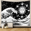 Detail of minimalist black and white tapestry showing sun, moon phases and ocean waves - Great Wave off Kanagawa (GT717-2)