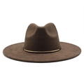 Close-up of a dark brown suede fedora featuring a sleek golden metal band decoration - Coffee Suede