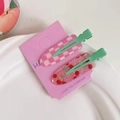 Set of two candy color hair clips with pink checkerboard and cherry patterns - Cherry Yogurt (2pcs)