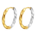 Macro detail of two-tone twisted stainless steel hoop earrings with gold and silver finish - 18K Gold / Twisted Gold-Silver Tone