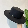 Classic black flat top wool felt fedora hat featuring a leather band with gold buckle - M (56-58cm) / Black / Black Band