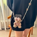 Brown plush bear phone case with pink satin bow and long pearl crossbody strap - Pink Bow Pearl Brown Bear Phone Back Clip