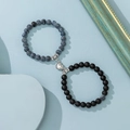 Magnetic couple bracelets with blue marble texture beads and black matte beads - Blue Marble & Black Matte - Magnetic Heart